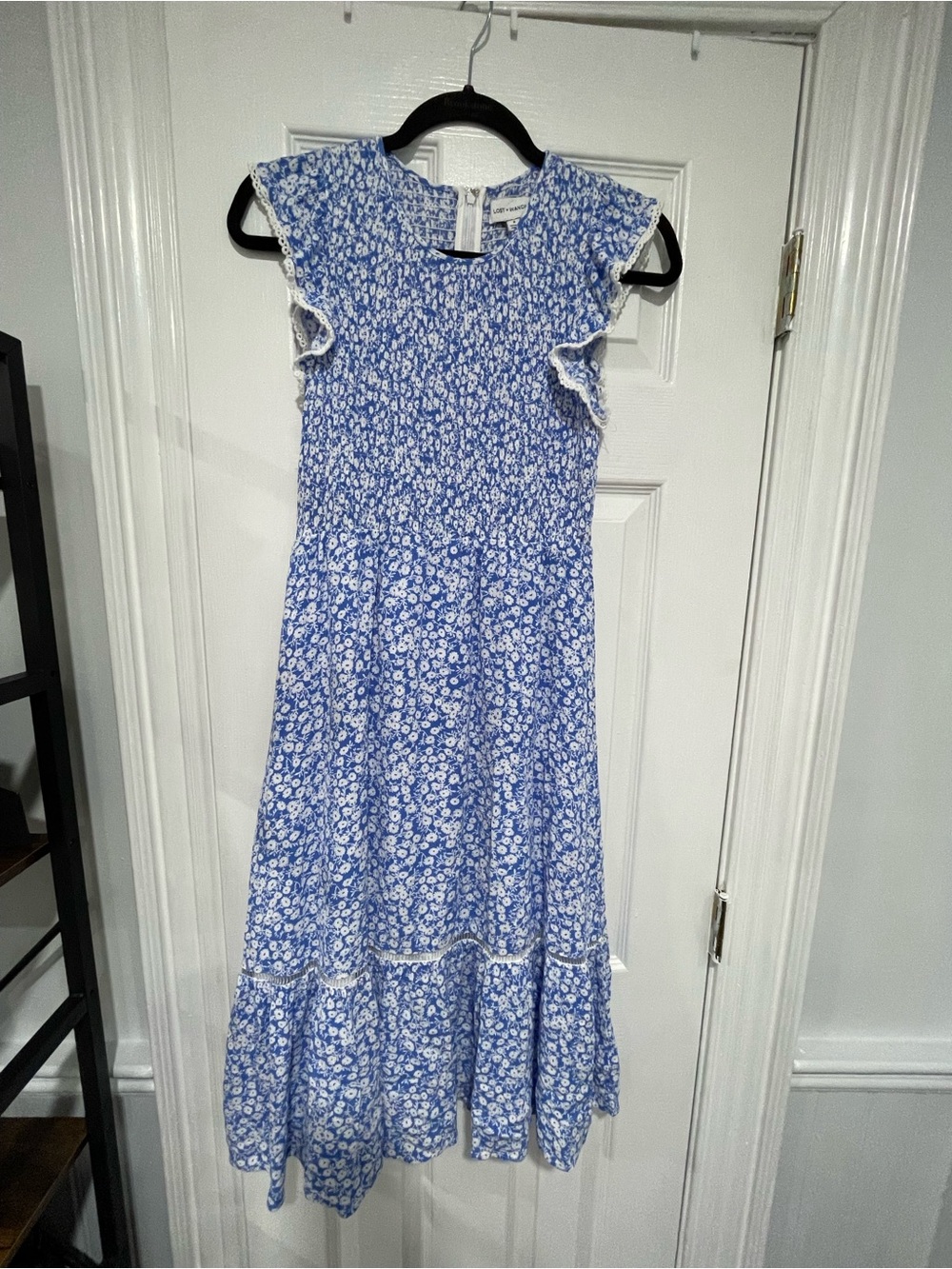 Lost + Wander Blue Floral Smocked Midi Dress with White Trim